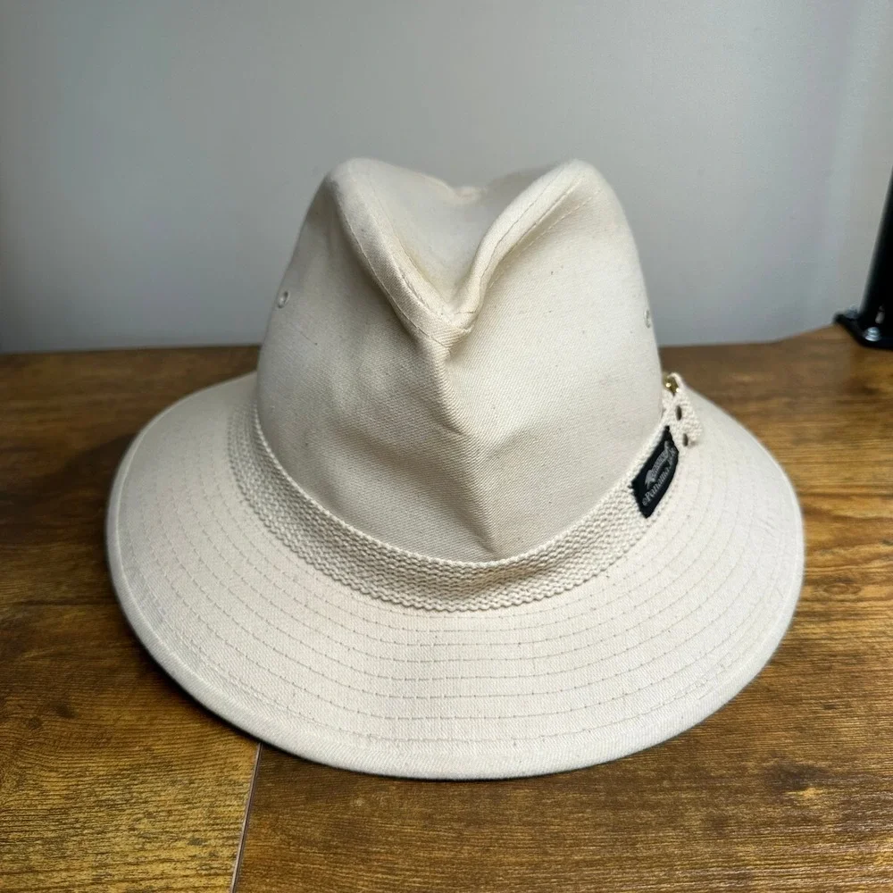 Panama Jack Mens Canvas Safari Fedora Hat Cream Off‎ White Made in USA Medium
